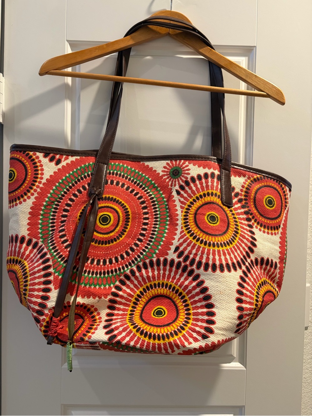 Neiman Marcus Multicolor Circular Print Tote - Red, Yellow, Green, Brown